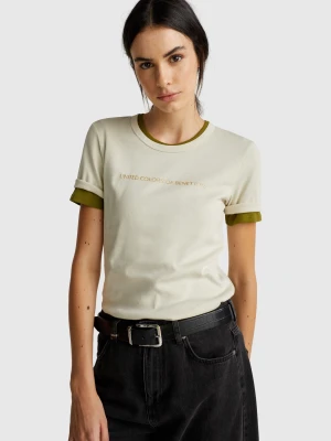 Benetton, Short Sleeve T-shirt With Glitter Logo, Size: XS, Beige, Women United Colors of Benetton