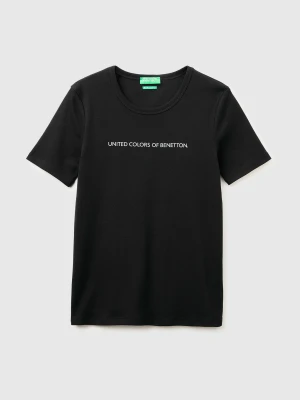 Benetton, Short Sleeve T-shirt With Glitter Logo, Size: XXS, Black, Women United Colors of Benetton