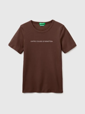 Benetton, Short Sleeve T-shirt With Glitter Logo, Size: XXS, Brown, Women United Colors of Benetton