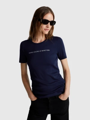 Benetton, Short Sleeve T-shirt With Glitter Logo, Size: XS, Dark Blue, Women United Colors of Benetton