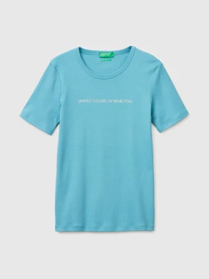 Benetton, Short Sleeve T-shirt With Glitter Logo, Size: XXS, Air Force Blue, Women United Colors of Benetton