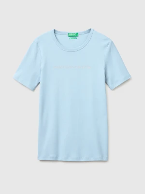 Benetton, Short Sleeve T-shirt With Glitter Logo, Size: XXS, Light Blue, Women United Colors of Benetton