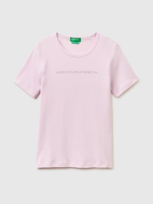 Benetton, Short Sleeve T-shirt With Glitter Logo, Size: XXS, Soft Pink, Women United Colors of Benetton