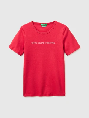 Benetton, Short Sleeve T-shirt With Glitter Logo, Strawberry, Women United Colors Of Benetton