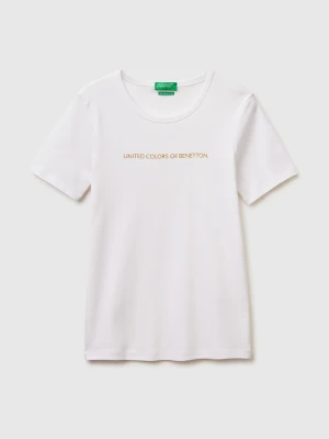 Benetton, Short Sleeve T-shirt With Glitter Logo, Size: XXS, White, Women United Colors of Benetton