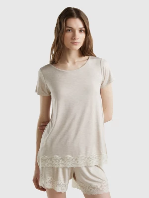 Benetton, Short Sleeve T-shirts With Lace, size L, Beige, Women United Colors of Benetton