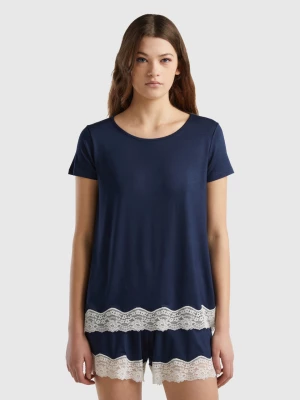 Benetton, Short Sleeve T-shirts With Lace, size L, Dark Blue, Women United Colors of Benetton