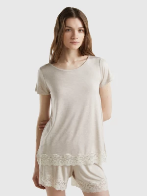 Benetton, Short Sleeve T-shirts With Lace, size M, Beige, Women United Colors of Benetton