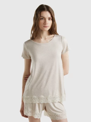 Benetton, Short Sleeve T-shirts With Lace, size XS, Beige, Women United Colors of Benetton