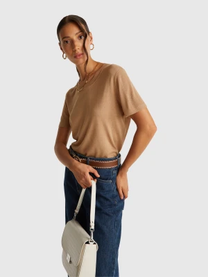 Benetton, Short Sleeve Top In Silk Blend, Size: XS, Camel, Women United Colors of Benetton