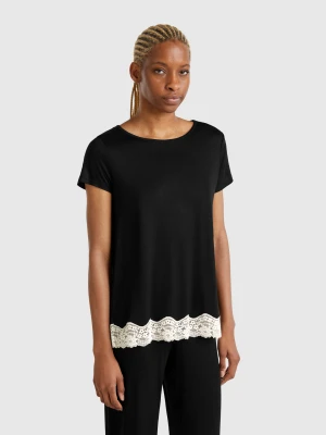 Benetton, Short Sleeve Top With Lace Details, size XS, Black, Women United Colors of Benetton