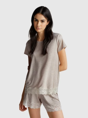 Benetton, Short Sleeve Top With Lace, size XS, Beige, Women United Colors of Benetton