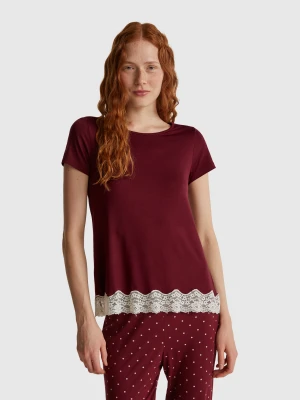 Benetton, Short Sleeve Top With Lace, Size: XS, Burgundy, Women United Colors of Benetton