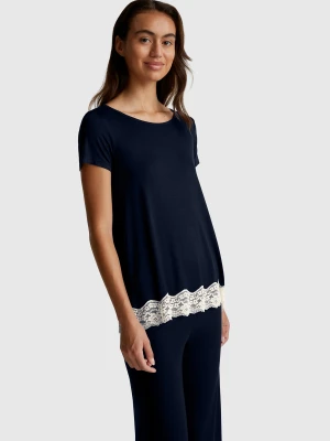 Benetton, Short Sleeve Top With Lace, Size: XS, Dark Blue, Women United Colors of Benetton