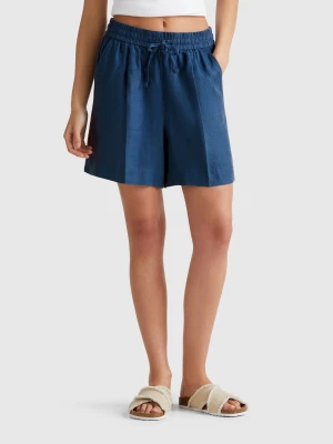 Benetton, Shorts With Drawstring In Pure Linen, size XXS, Air Force Blue, Women United Colors of Benetton