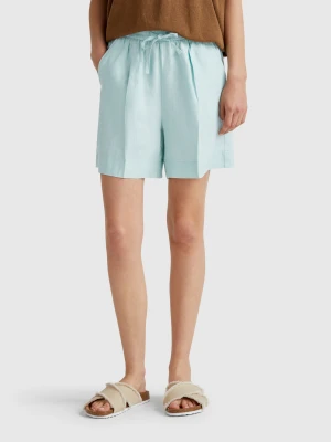 Benetton, Shorts With Drawstring In Pure Linen, size XXS, Aqua, Women United Colors of Benetton