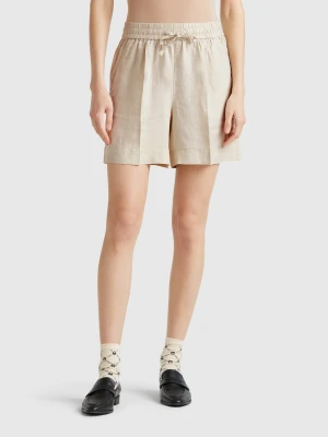 Benetton, Shorts With Drawstring In Pure Linen, size XL, Beige, Women United Colors of Benetton