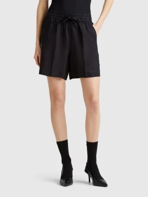 Benetton, Shorts With Drawstring In Pure Linen, size XXS, Black, Women United Colors of Benetton