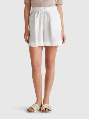Benetton, Shorts With Drawstring In Pure Linen, size XXS, White, Women United Colors of Benetton