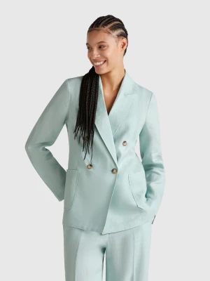 Benetton, Double-breasted Jacket In Pure Linen, size , Aqua, Women United Colors of Benetton