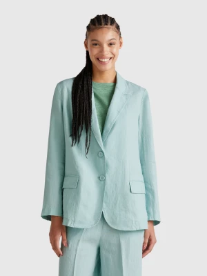 Benetton, Blazer In Pure Linen, size , Aqua, Women United Colors of Benetton