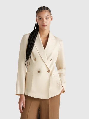 Benetton, Double-breasted Jacket In Pure Linen, size , Beige, Women United Colors of Benetton