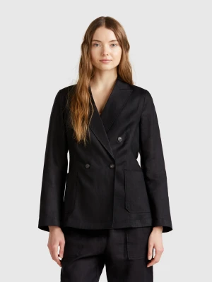 Benetton, Double-breasted Jacket In Pure Linen, size , Black, Women United Colors of Benetton