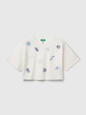 Benetton, White T-shirt With Shell Embroidery, size XL, Creamy White, Kids United Colors of Benetton