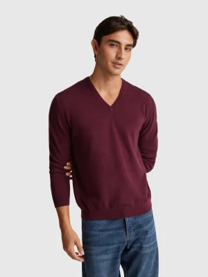 Benetton, Plum V-neck Sweater In Pure Merino Wool, Size: L, Burgundy, Men United Colors of Benetton