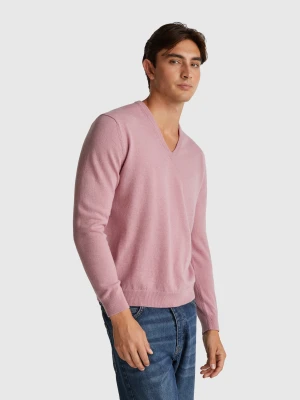 Benetton, Marl Pink V-neck Sweater In Pure Merino Wool, size XS, Pastel Pink, Men United Colors of Benetton