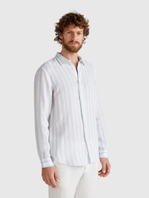 Benetton, Sky Blue And White Striped Shirt In Pure Linen, size XS, Light Blue, Men United Colors of Benetton