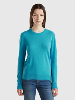 Benetton, Sky Blue Crew Neck Sweater In Pure Merino Wool, size L, Light Blue, Women United Colors of Benetton