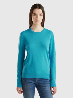 Benetton, Sky Blue Crew Neck Sweater In Pure Merino Wool, size M, Light Blue, Women United Colors of Benetton