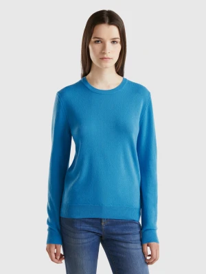 Benetton, Sky Blue Crew Neck Sweater In Pure Merino Wool, size XS, Light Blue, Women United Colors of Benetton