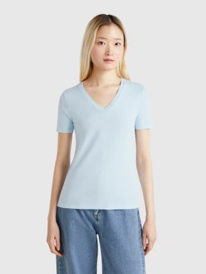 Benetton, Sky Blue Pure Cotton T-shirt With V-neck, size XXS, Sky Blue, Women United Colors of Benetton