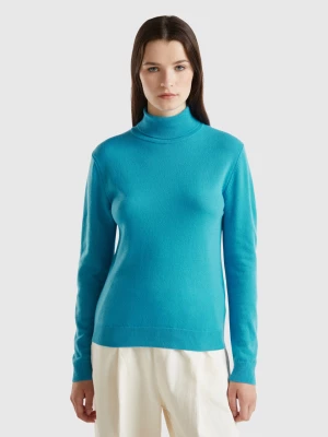 Benetton, Sky Blue Turtleneck Sweater In Pure Merino Wool, size XL, Light Blue, Women United Colors of Benetton