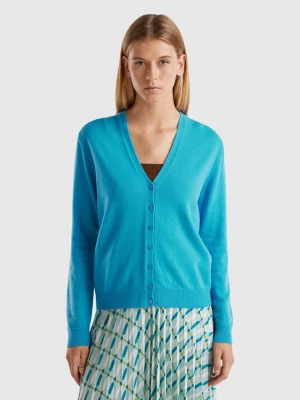 Benetton, Sky Blue V-neck Cardigan In Pure Merino Wool, size L, Light Blue, Women United Colors of Benetton