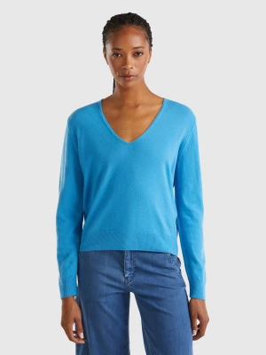 Benetton, Sky Blue V-neck Sweater In Pure Merino Wool, size M, Light Blue, Women United Colors of Benetton