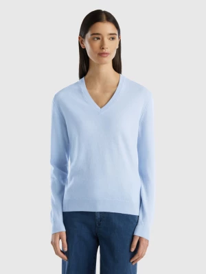 Benetton, Sky Blue V-neck Sweater In Pure Merino Wool, size S, Sky Blue, Women United Colors of Benetton