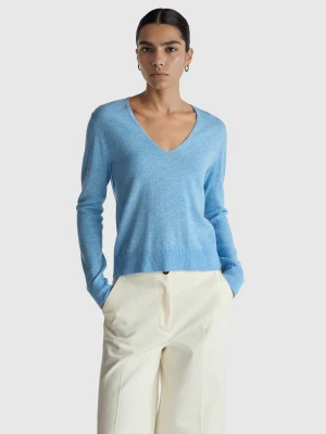 Benetton, Sky Blue V-neck Sweater In Pure Merino Wool, Size: XXS, Light Blue, Women United Colors of Benetton
