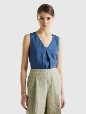 Benetton, Sleeveless Blouse In Pure Linen, size XL, Air Force Blue, Women United Colors of Benetton