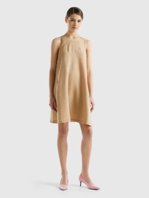 Benetton, Sleeveless Dress In Pure Linen, size L, Camel, Women United Colors of Benetton