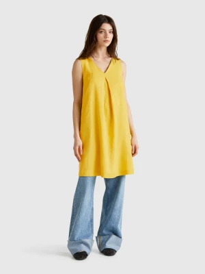 Benetton, Sleeveless Dress In Pure Linen, size L, Mustard, Women United Colors of Benetton