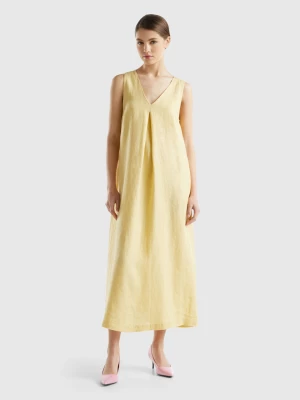 Benetton, Sleeveless Dress In Pure Linen, size L, Yellow, Women United Colors of Benetton