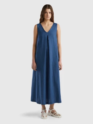 Benetton, Sleeveless Dress In Pure Linen, size M, Air Force Blue, Women United Colors of Benetton