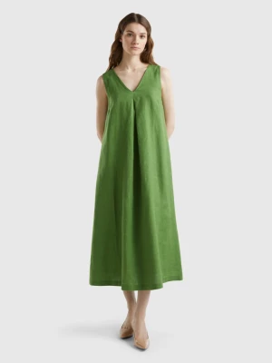 Benetton, Sleeveless Dress In Pure Linen, size M, Military Green, Women United Colors of Benetton
