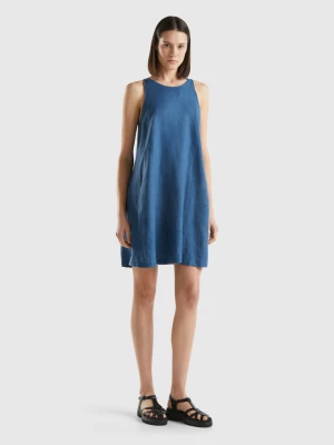 Benetton, Sleeveless Dress In Pure Linen, size XL, Blue, Women United Colors of Benetton