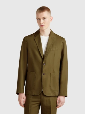 Benetton, Slim Fit Blazer In Linen Blend, size 56, Military Green, Men United Colors of Benetton