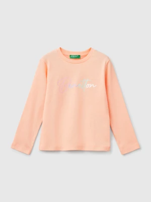 Benetton, Slim Fit T-shirt With Glittery Print, size 116, Peach, Kids United Colors of Benetton