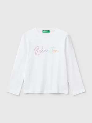 Benetton, Slim Fit T-shirt With Glittery Print, size 116, White, Kids United Colors of Benetton